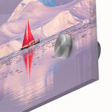 Large abstract wall art featuring a Greenland scenery in muted green and blue tones, on acrylic glass.