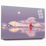 Large abstract wall art of a Greenland scenery in muted green and blue tones on acrylic glass.