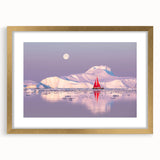 Abstract art print depicting a serene Greenland landscape in muted green and blue tones, framed with a gold mat.