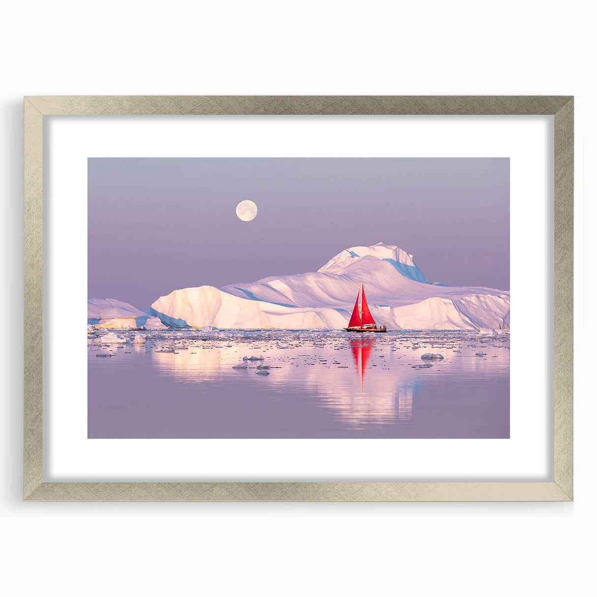 Extra large abstract art print of a textured Greenland scenery in muted green and blue tones, framed with a silver mat.