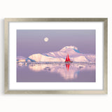 Extra large abstract art print of a textured Greenland scenery in muted green and blue tones, framed with a silver mat.