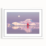 Textured abstract art print of a Greenland scenery in muted green and blue tones, framed with a white mat.