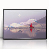 Large abstract wall art depicting a Greenlandic landscape in muted green and blue tones, framed in black acrylic.