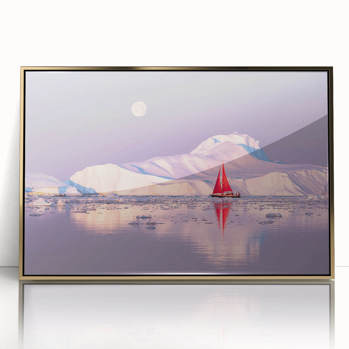 Art deco poster of Greenland scenery with gold frame on acrylic, featuring muted green and blue tones.