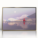 Art deco poster of Greenland scenery with gold frame on acrylic, featuring muted green and blue tones.