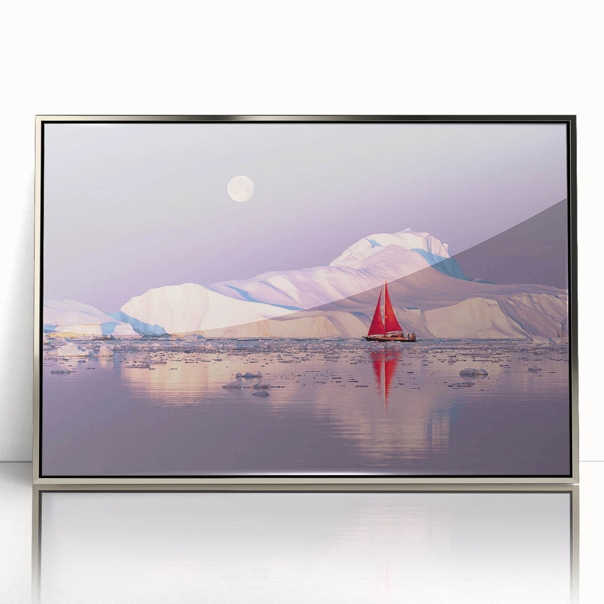 Large art print depicting a serene Greenland landscape in muted green and blue tones, framed in silver acrylic.