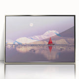 Large art print depicting a serene Greenland landscape in muted green and blue tones, framed in silver acrylic.