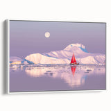 Vintage poster art of a Greenland scenery on framed canvas with a white border, displaying muted green and blue tones.