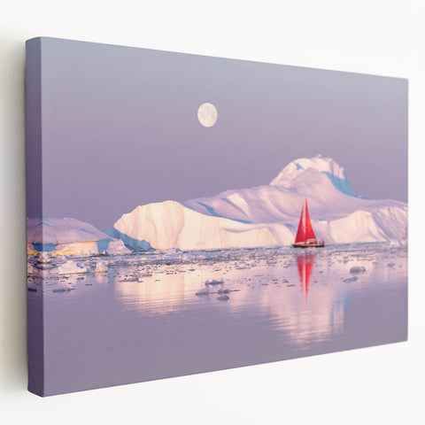 Side view of a stretched canvas featuring a Greenland landscape in muted green and blue tones, suitable for kitchen wall art.