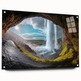 Acrylic print of an abstract Icelandic landscape in cool blue and gray tones, suitable for bedroom or dining room decor.