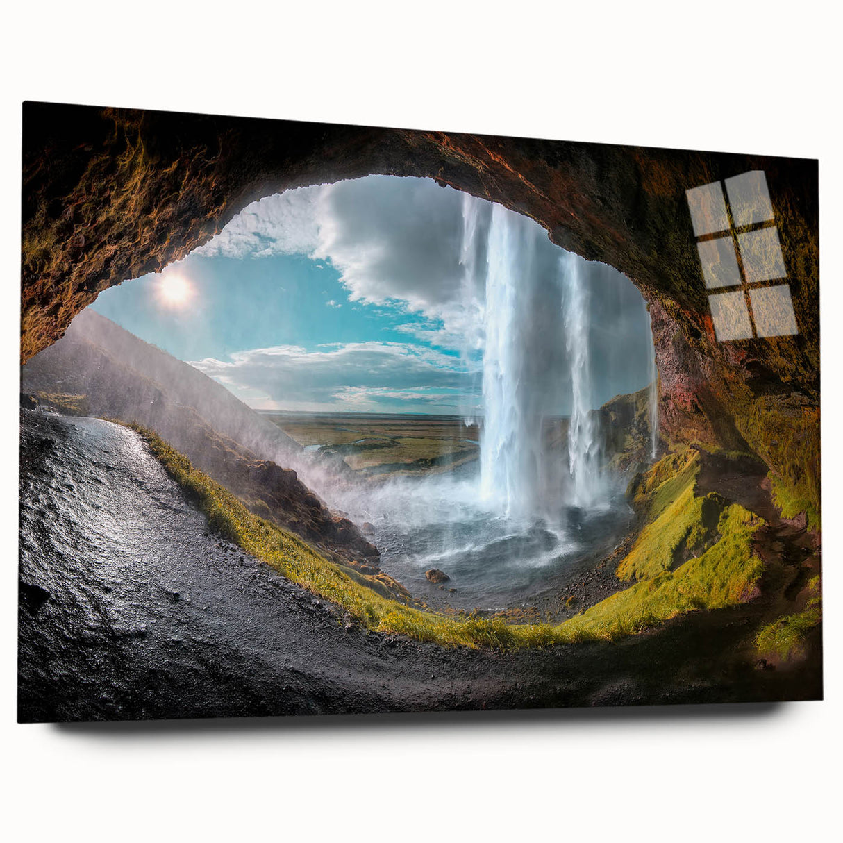Acrylic print of a serene Icelandic landscape in muted blues and greens, ideal for bedroom or dining room art.