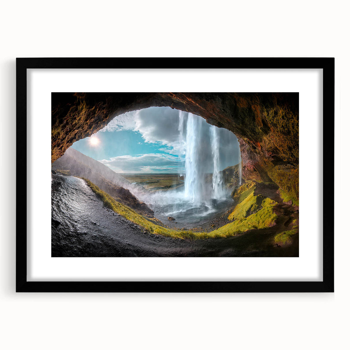 Extra large abstract art print depicting a vibrant, textured Icelandic scenery on a black framed canvas.