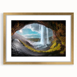 Abstract art print of a serene Icelandic landscape in muted blue and green tones, framed in gold.