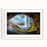 Textured abstract art print of a serene Icelandic landscape in muted blue and gray tones on a framed white mat.