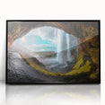 Large abstract wall art depicting a serene Icelandic landscape in muted gray and blue tones, framed in black acrylic.