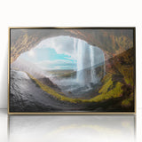 Acrylic print of a scenic Icelandic landscape in muted gold tones, framed in gold, suitable for modern art wall decor.
