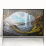 Framed acrylic print of a serene Icelandic landscape, in muted blues and greens, ideal for modern art wall decor.
