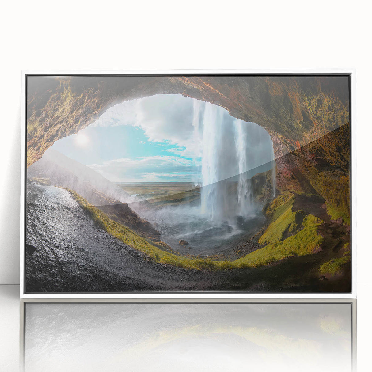 Mid-century modernist art depicting a serene Icelandic landscape in muted earth tones on a framed acrylic print.