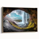 Framed canvas depicting a vintage-style Icelandic landscape with muted earth tones, ideal for bedroom decor.