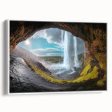 Vintage poster art of a scenic Icelandic landscape on a framed canvas, featuring vibrant green and blue tones.