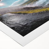 Art deco poster of Iceland scenery on rolled canvas, featuring muted earth tones, ideal for dining room wall art.