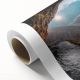 Art deco poster of an Icelandic landscape in muted blue and green tones on rolled canvas, suitable for nursery wall art.