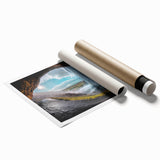 Extra large rolled print of a serene Icelandic landscape in muted green and blue tones, ideal for classy bathroom wall art.