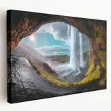 A large canvas print depicting a serene Icelandic landscape with muted green and blue tones, suitable for kitchen wall art.