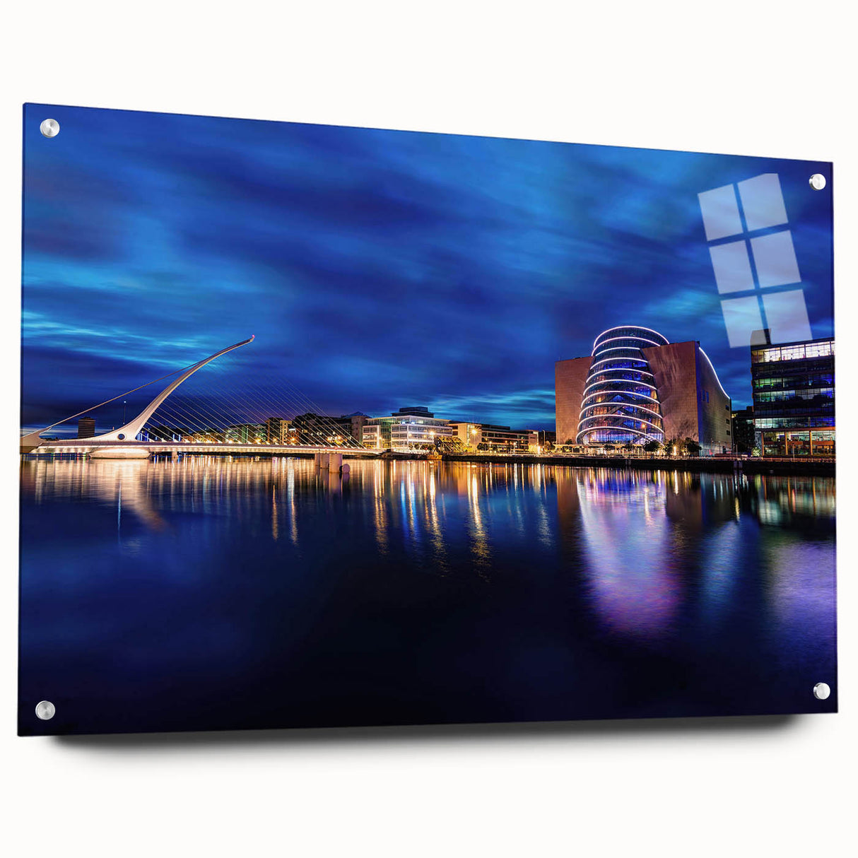 Acrylic glass print of an Irish landscape in muted green and blue tones, ideal for dining room decor.