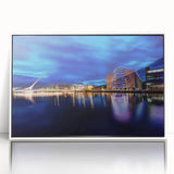 Mid-century modernist art of a serene Ireland landscape in muted green and blue hues, framed acrylic.