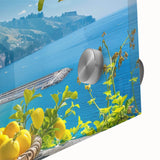 Acrylic print of the Amalfi Coast with vivid blue and white tones.