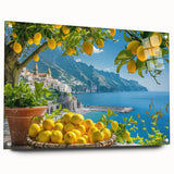 Acrylic print of Amalfi Coast with vibrant blue and pastel buildings, ideal for dining room art.