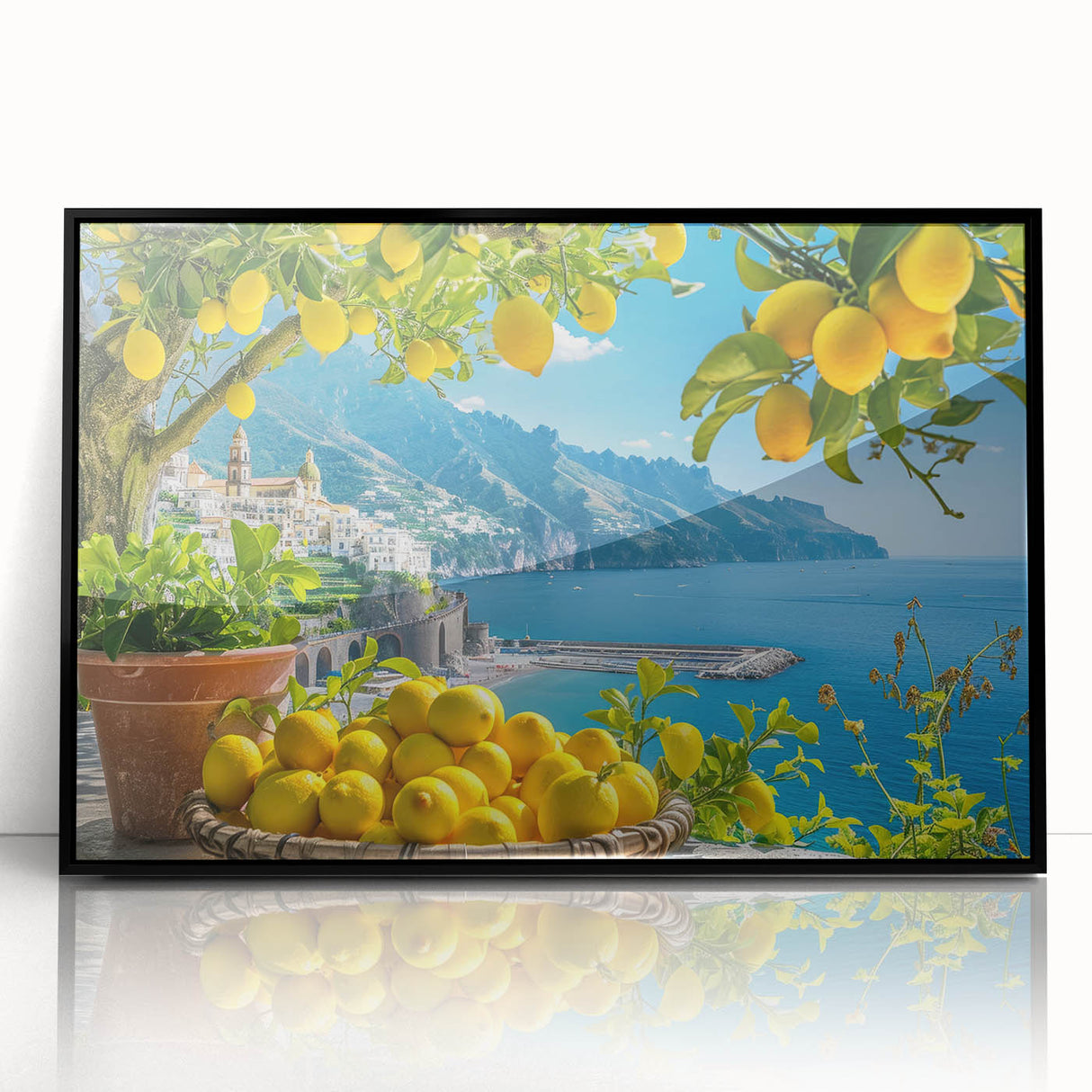 Large abstract wall art of the Amalfi Coast in muted blue and peach tones, framed in black acrylic.