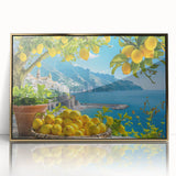 Acrylic print of the Amalfi Coast with vibrant blue and terracotta hues in an art deco style.