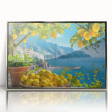 Mid-century modernist acrylic print of Amalfi Coast with muted blue and green tones, framed in silver.