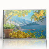Mid-century modernist art of Amalfi Coast in vibrant hues on white framed acrylic, suitable for modern art wall decor.