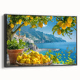 Black and white framed canvas of Amalfi Coast landscape, ideal for bedroom wall art.
