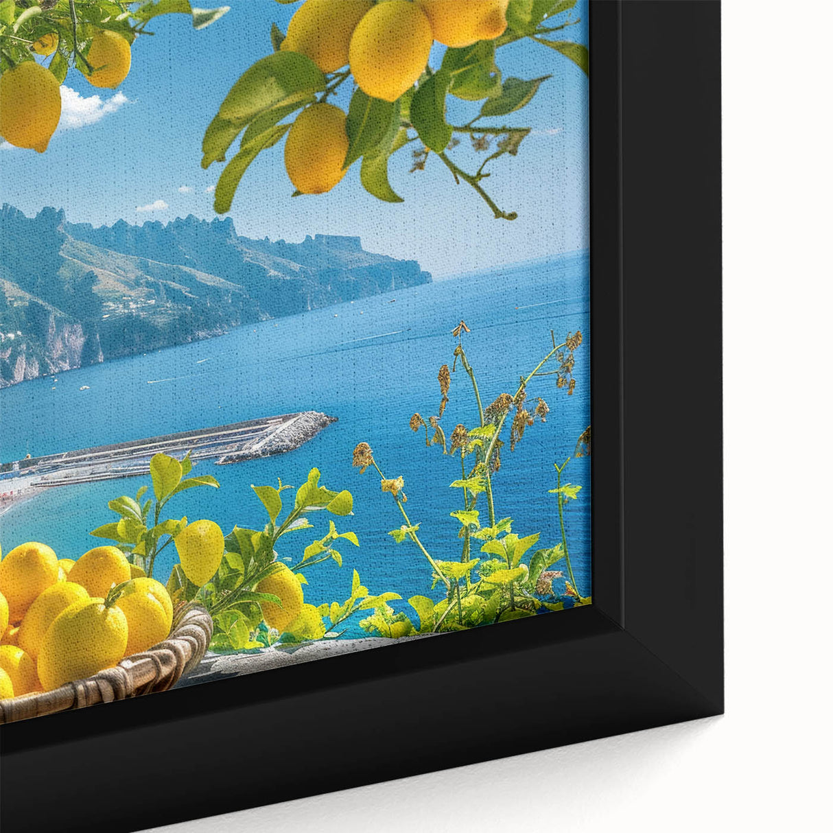 Extra large framed canvas depicting the Amalfi Coast with textured, colorful art on a black background.