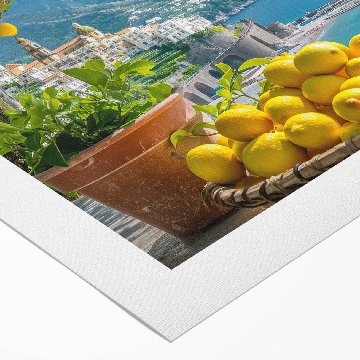Art deco poster of Amalfi Coast with vibrant blue and white tones on rolled canvas, ideal for dining room wall art.