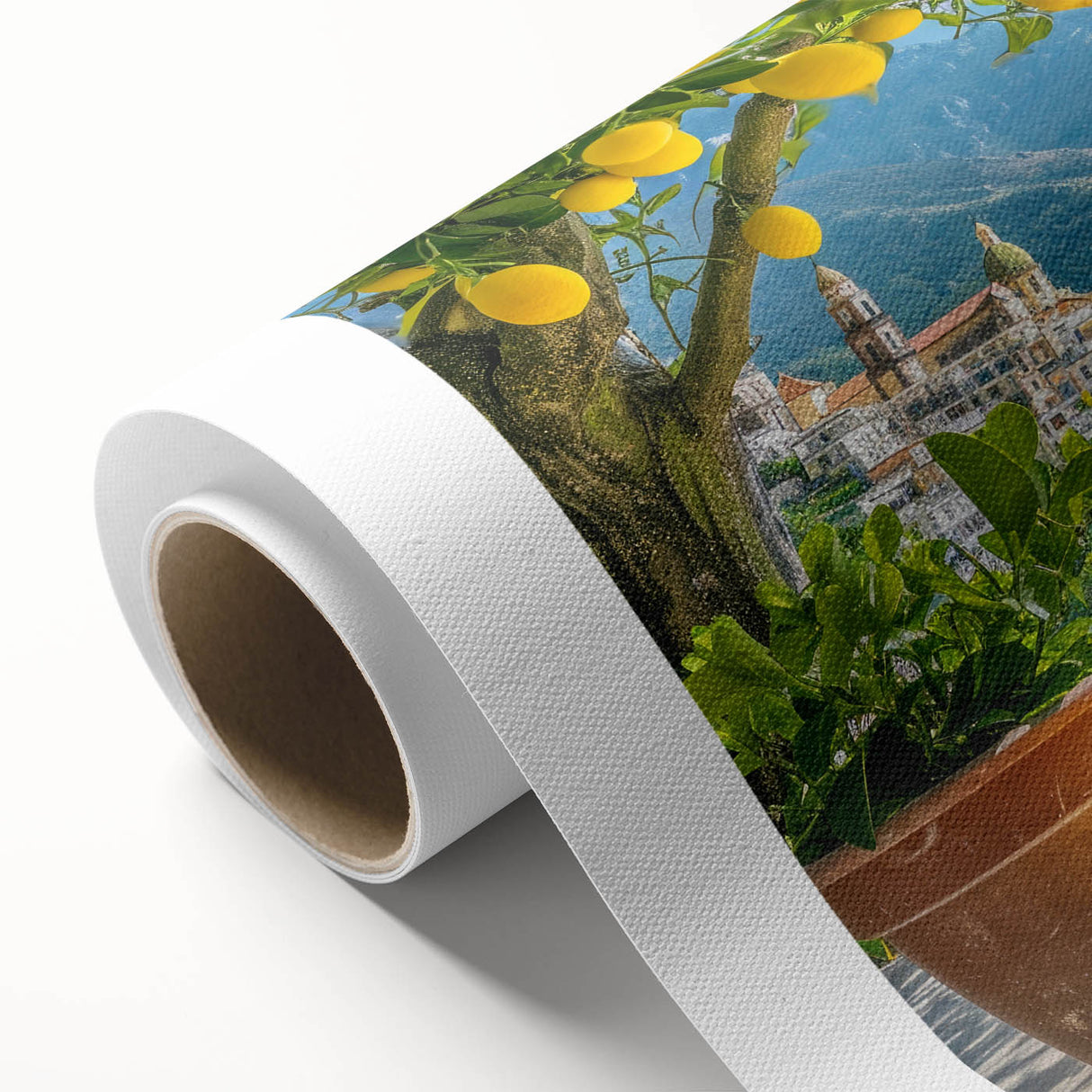 Art deco poster of the Amalfi Coast in pastel shades on rolled canvas, ideal for nursery wall art.