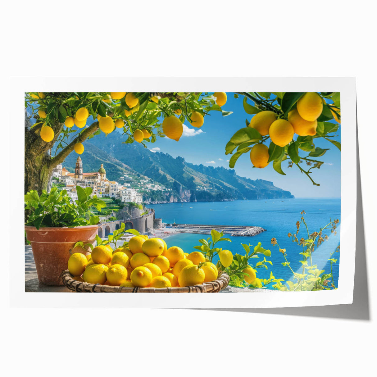 Rolled print of Amalfi Coast scenery with vibrant coastal colors, ideal for dining room wall art.