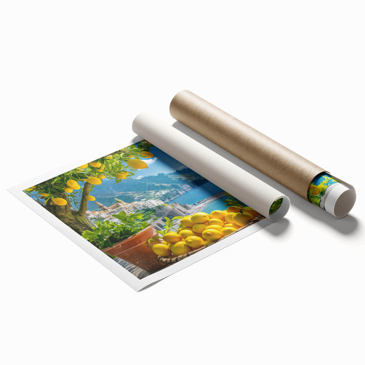 Extra large rolled print of Amalfi Coast scenery with vibrant blue and white tones, ideal for classy bathroom wall art.