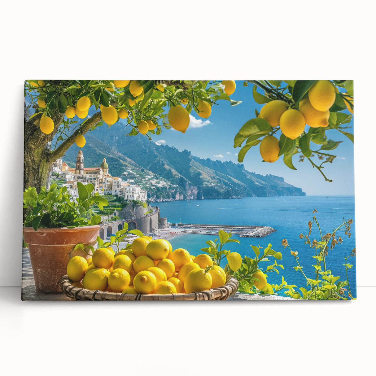 Black and white large art canvas of Amalfi Coast scenery, ideal for kitchen wall art.