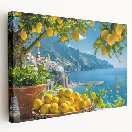 Amalfi Coast scenery on large stretched canvas, displaying vivid blue and white tones, suitable for kitchen wall art.