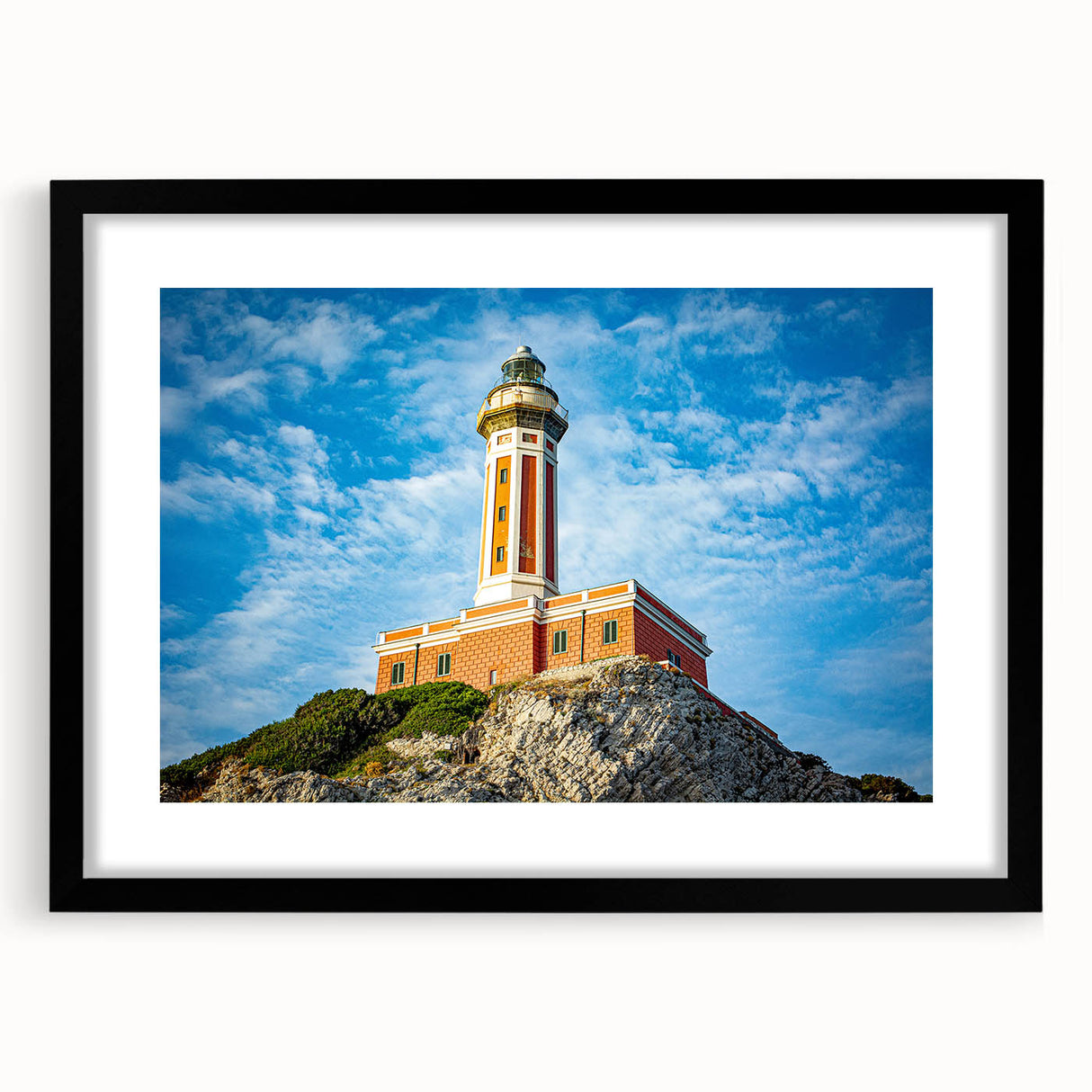 Extra large framed abstract print of a colorful Capri scenery, ideal for living room decor.