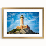 Abstract art print of Capri, Italy, featuring muted blue and white tones on a gold-framed canvas.