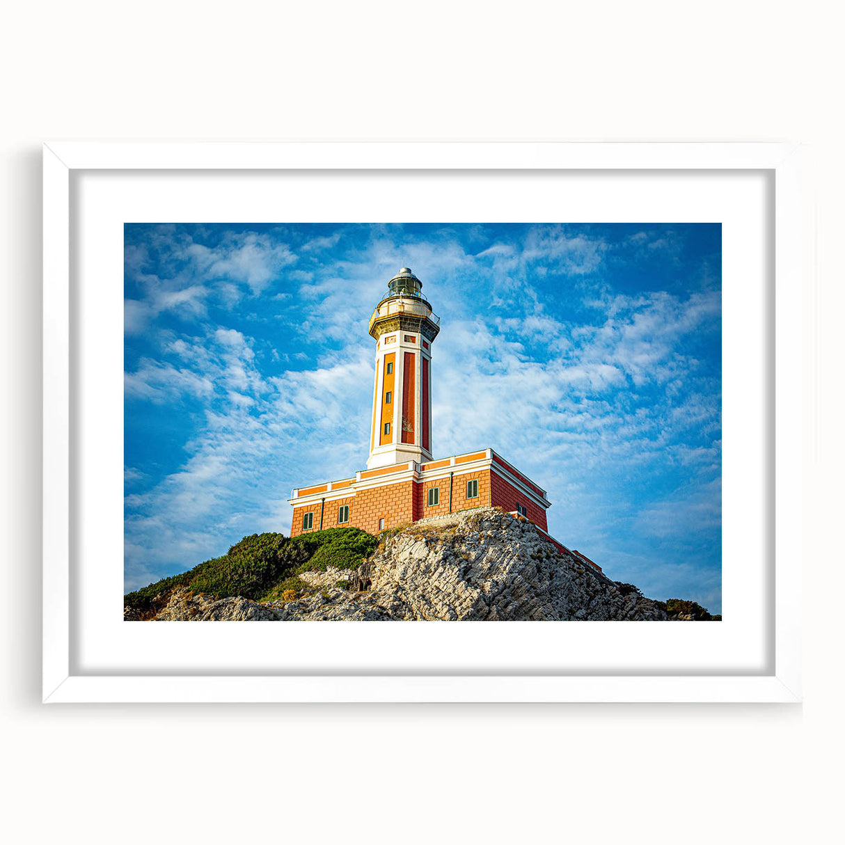 Textured art print of an abstract Capri, Italy landscape in muted blue and white tones on a framed canvas.