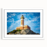 Textured art print of an abstract Capri, Italy landscape in muted blue and white tones on a framed canvas.