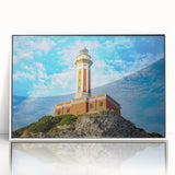 Mid-century modernist art depicting the Capri landscape in muted pastel tones on a framed acrylic.