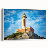 Vintage poster art of Capri, Italy in vibrant colors on a large framed canvas, suitable for living room decor.